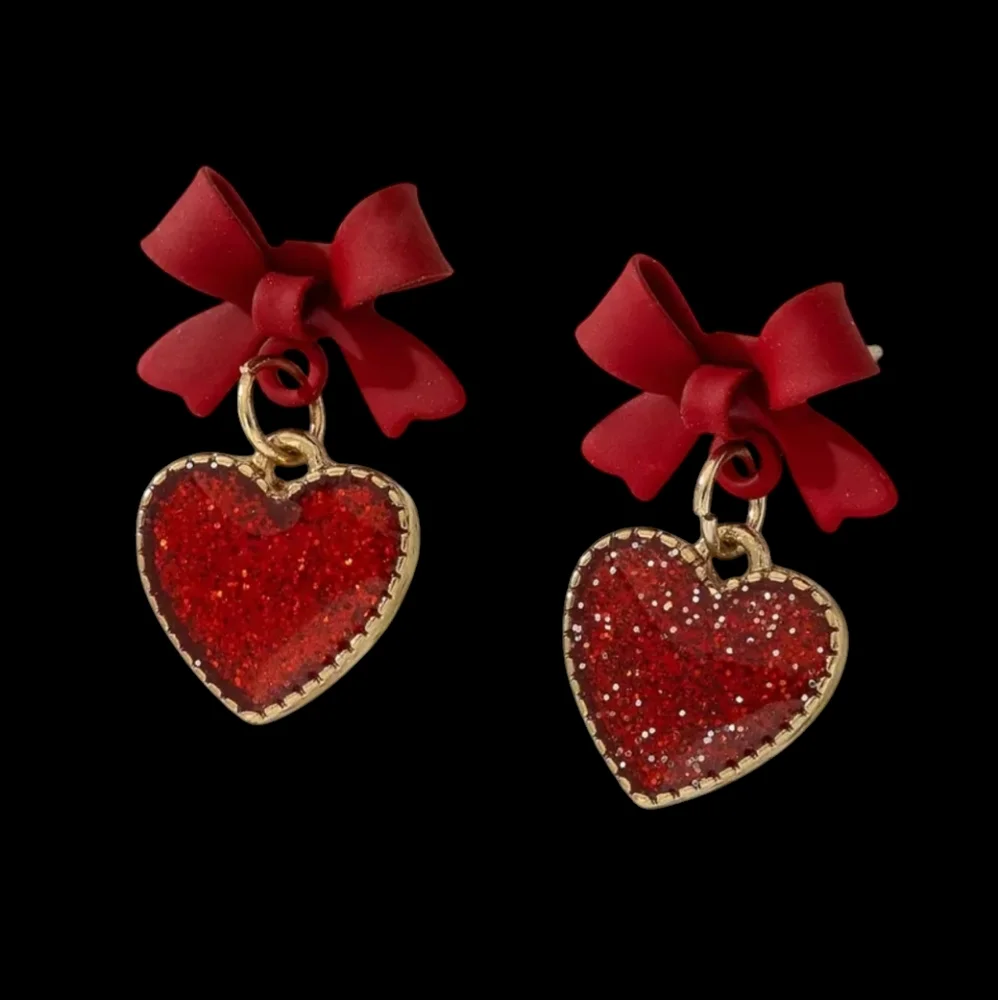 Red Heart & Bow Earrings Sparkling Alloy Gold Plated‎